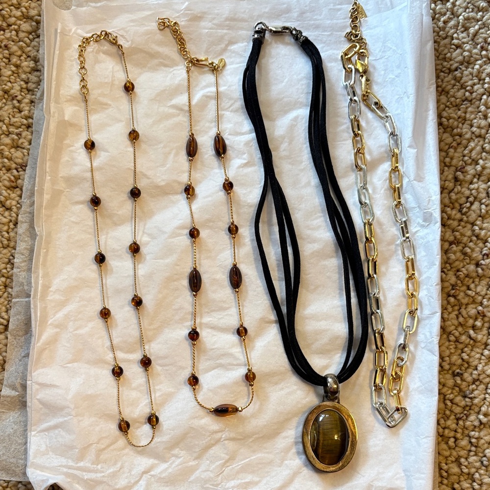Women's Brown Tiger Eye & Gold-Tone Necklace Set with Black Cord Pendant